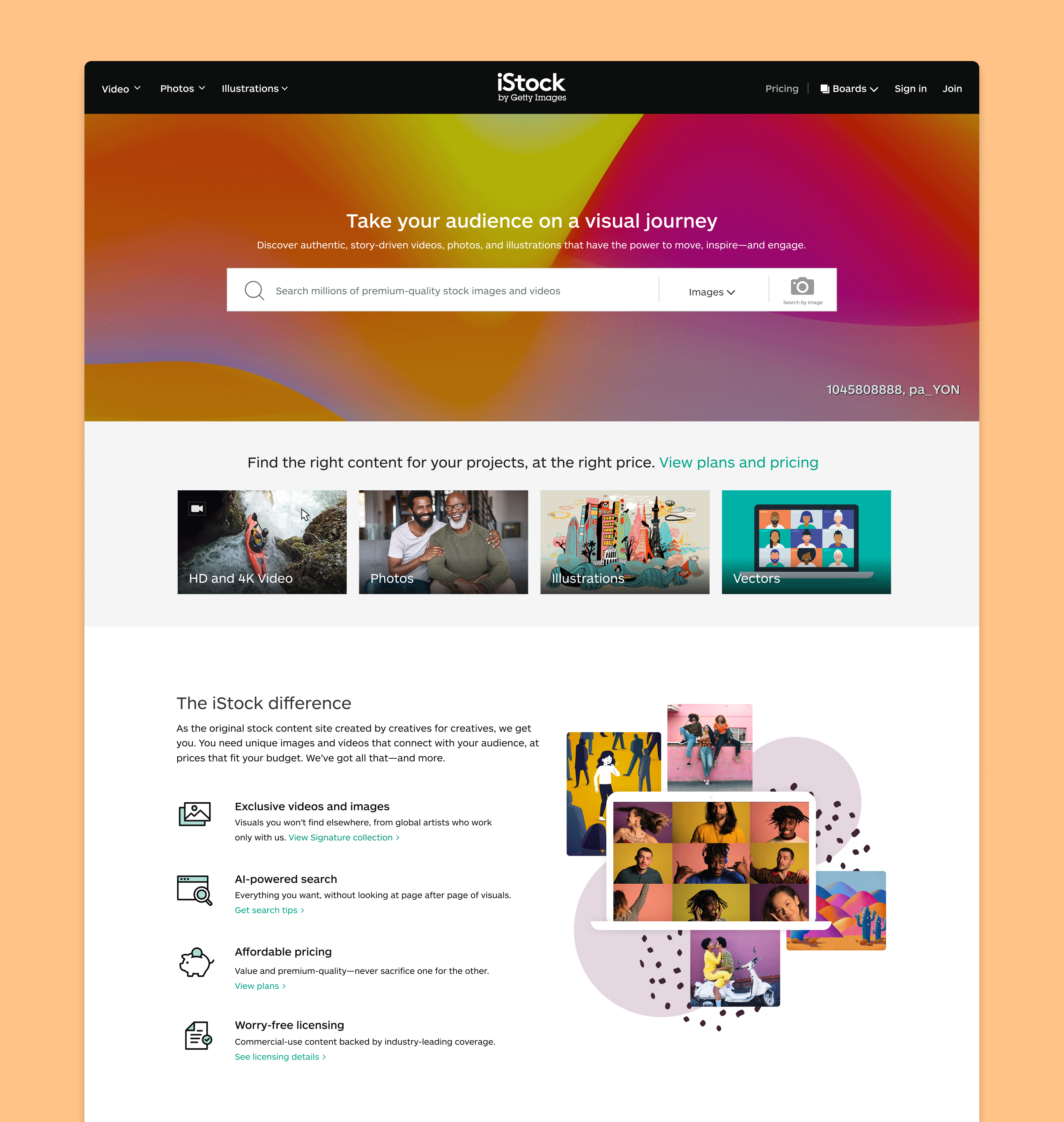 iStock homepage redesign showing video-forward hero with bold headline, category navigation, and featured content grid