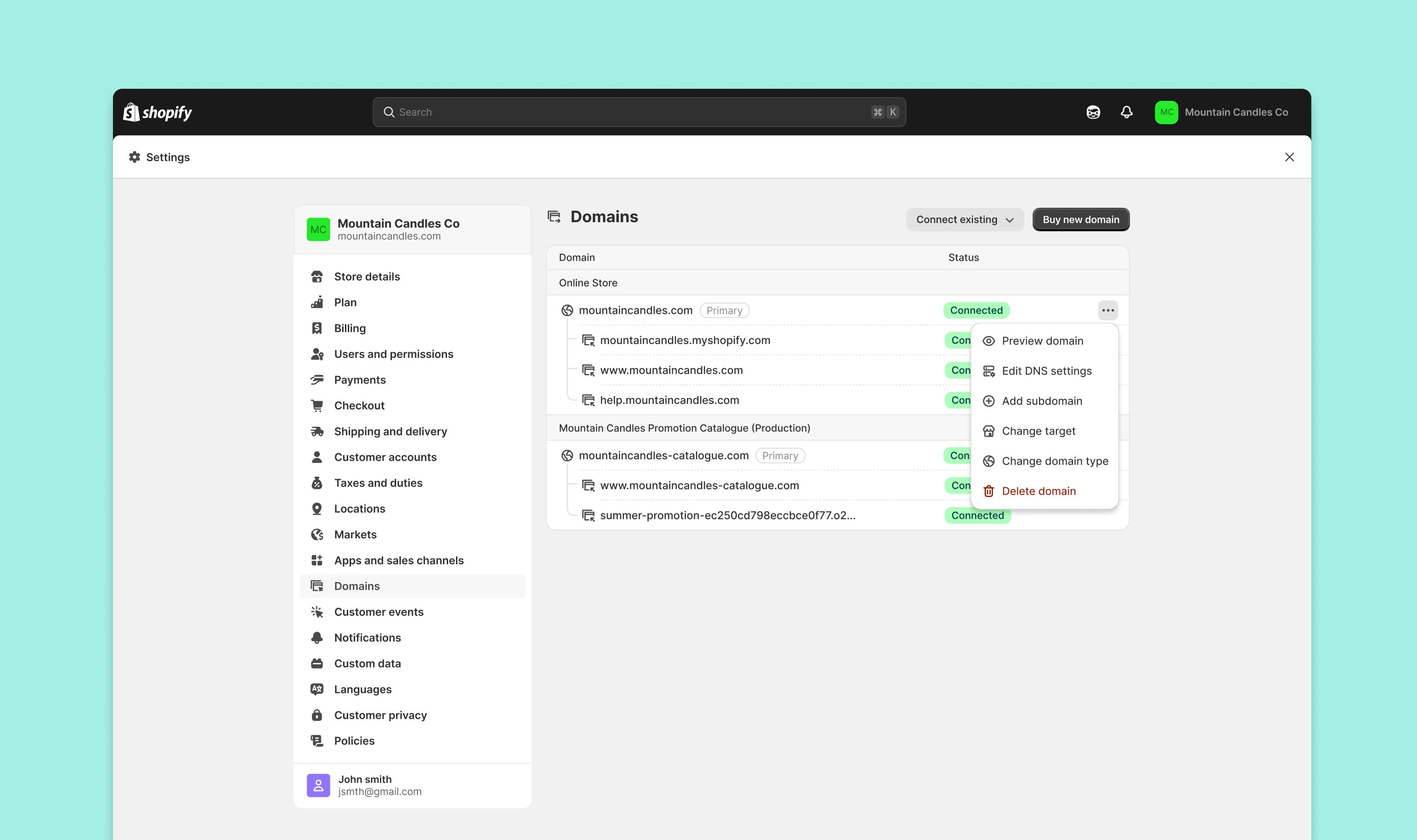 Shopify Domains index with an open overflow menu showing quick actions: Preview domain, Edit DNS settings, Add subdomain, Change target, Change domain type, and Delete domain
