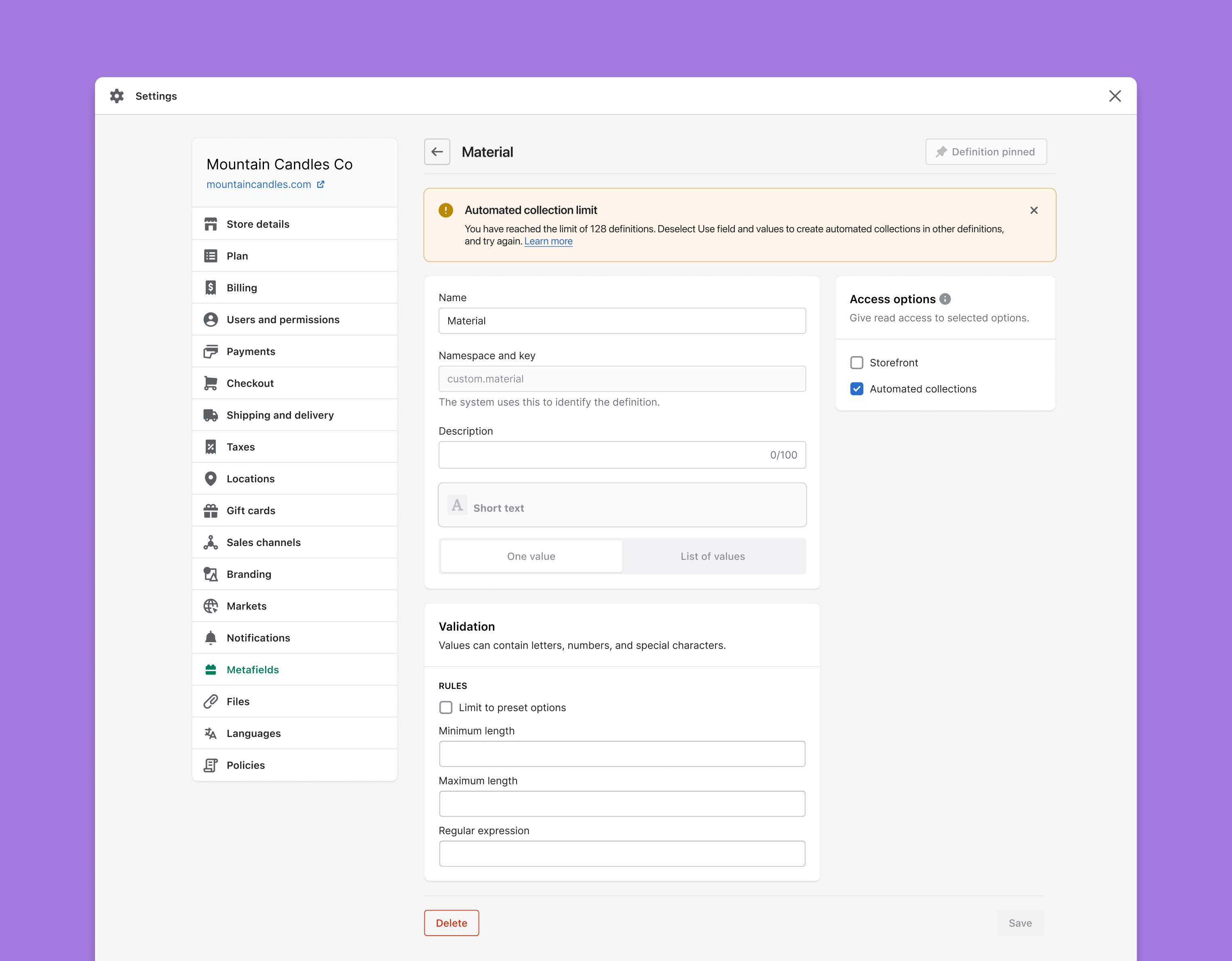 Shopify Product Metafield definition that has hit the limit of Metafiels allowed to be used for automated collections 