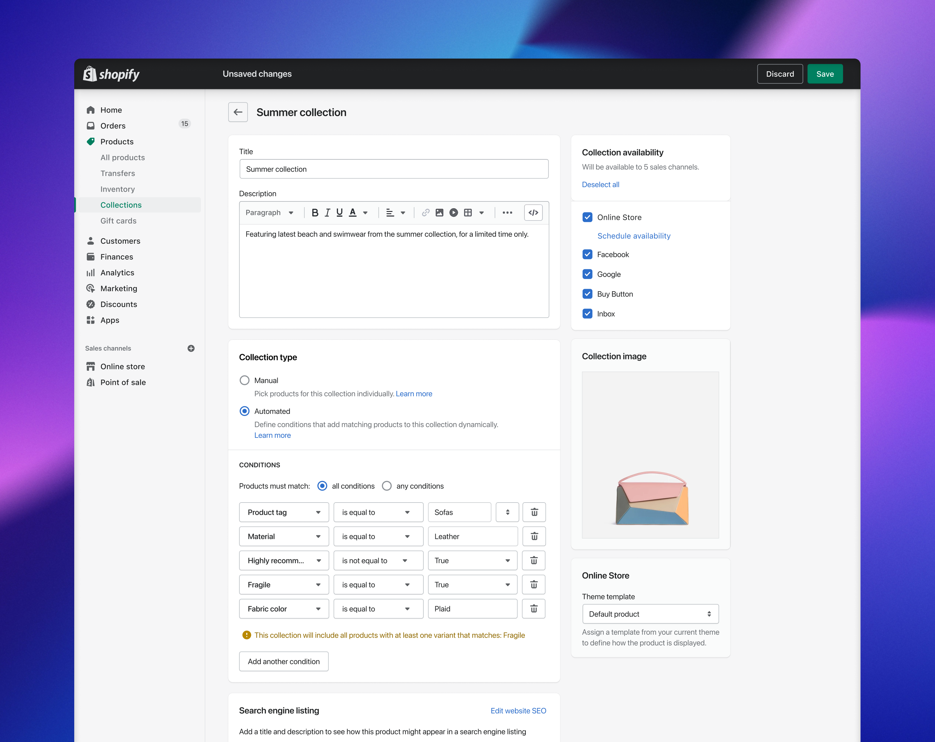 Shopify automated collection condition selector showing the empty state encouraging metafield adoption