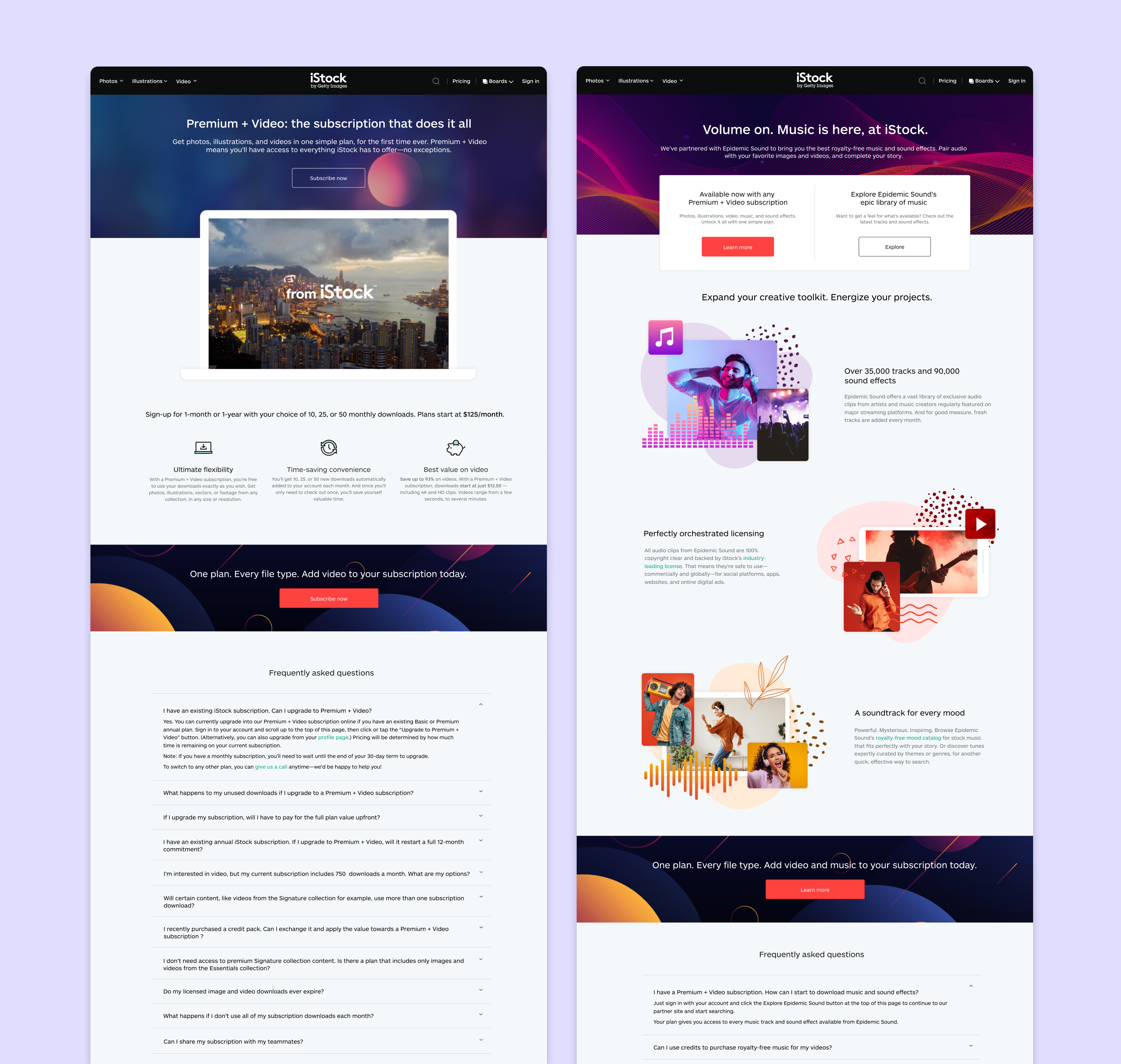 Side-by-side of the Premium + Video marketing landing page before and after music was added to the plan