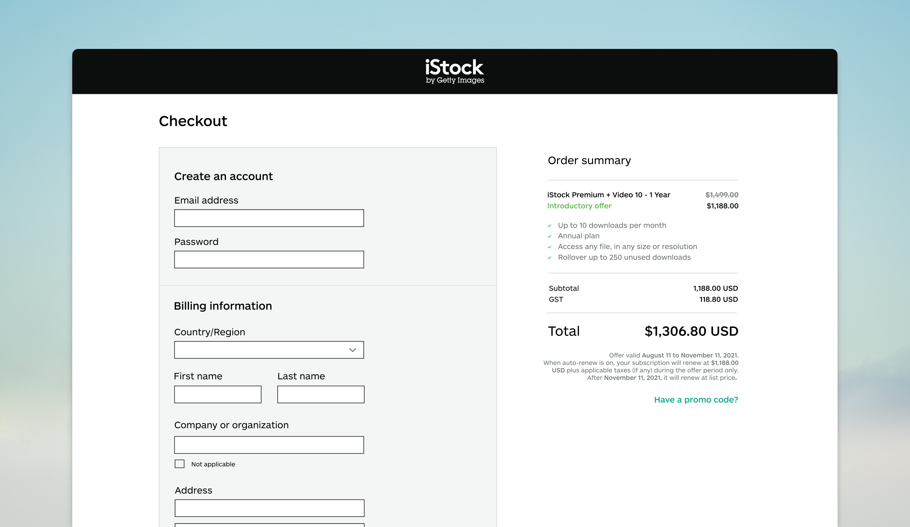 iStock checkout flow for Premium + Video annual subscription showing account creation and order summary